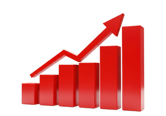 3D red bar graph with upward arrow isolated on transparent background
