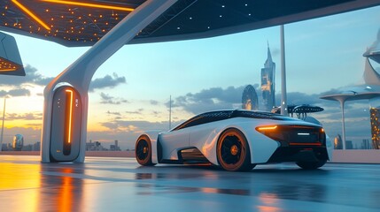 Electric future: Sleek vehicle charging in a neon-lit metropolis of tomorrow