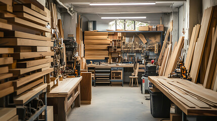 Obraz premium A neatly organized DIY workshop showcasing diverse range of wooden planks 