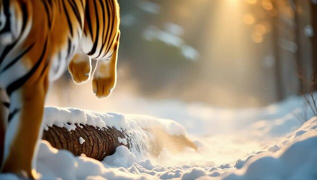 Bangle tiger jumping over a fallen tree trunk