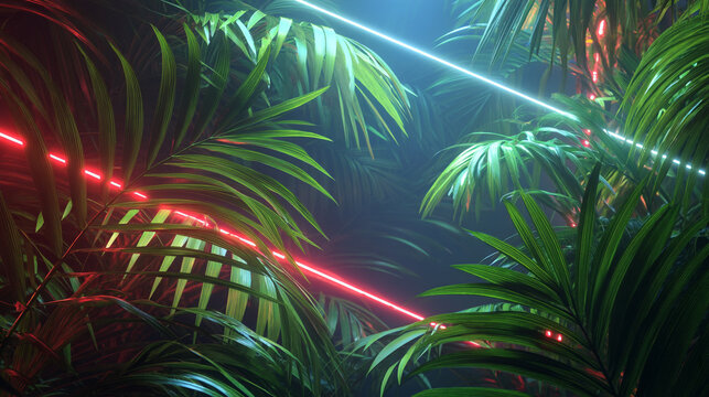 A view of tropical palm leaves illuminated by red and blue neon lights in a dark environment