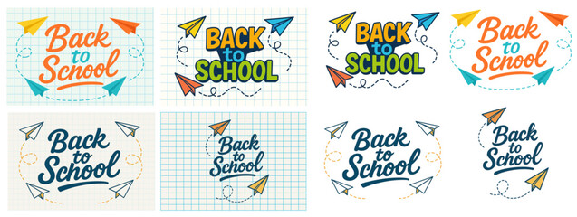 Collection of colorful hand-drawn 'Back to School' quotes on notebook grid backgrounds, with looping doodle trails and playful paper airplanes, ideal for posters, flyers, banners and social content