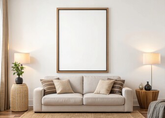Frame mockup, Cozy living room with neutral tones and decorative elements.