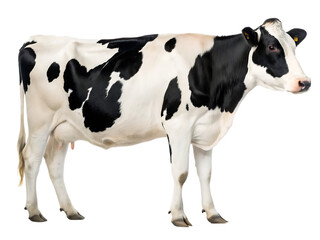 A full body shot of a black and white holstein cow standing on a transparent background looking right
