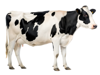 A full body shot of a black and white holstein cow standing on a transparent background looking right