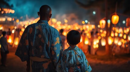 Fototapeta premium Warm night at shrine with lanterns and family
