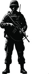 Silhouette of a soldier in a ready stance, holding a rifle, conveying preparedness and movement