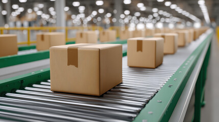 Automatic sorting machine processing cardboard boxes warehouse industrial operation efficient environment close-up view