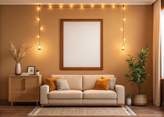Frame mockup, Cozy living room with warm lighting and stylish decor.