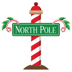 Festive north pole sign with candy canes and decorative greenery for holiday season