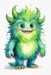Fototapeta premium watercolor cute green fluffy monster character