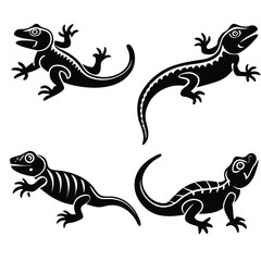 Naklejka premium Vector illustration of four black and white geckos in different poses and styles