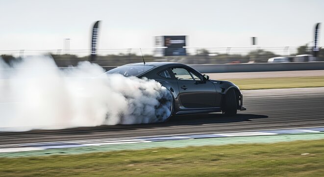 "A high-performance, unbranded sports car is captured mid-drift, aggressively sliding to the right to navigate a turn. The rear wheels are visibly losing traction, creating thick plumes of white smoke