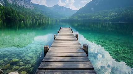 Obraz premium A classic wooden jetty extending into a crystal-clear lake 