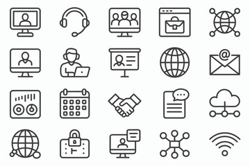 Collection of hand drawn business and technology icons for digital communication