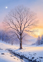 paint solitary tree in a quiet snowy landscape