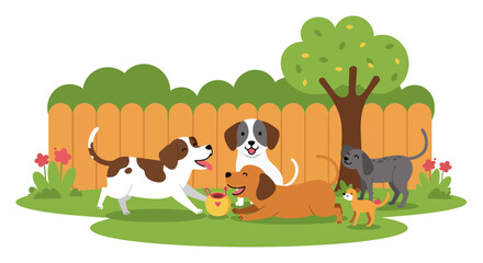 Naklejka premium Playful Cartoon Dogs Enjoying a Sunny Day Outdoors.