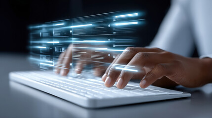 Hands of a person typing on a modern keyboard with glowing digital data streams in motion, illustrating the concept of technology and information processing in a digital environment