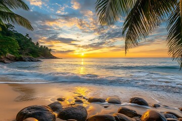 Tropical beach at sunset with vibrant pebbles glowing in the fading golden light and gentle waves 