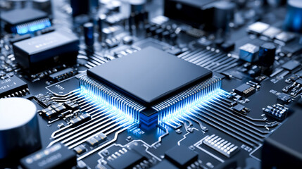Close-up view of a modern microprocessor on a circuit board, showcasing intricate details, glowing blue lights, and various electronic components, representing advanced technology and innovation