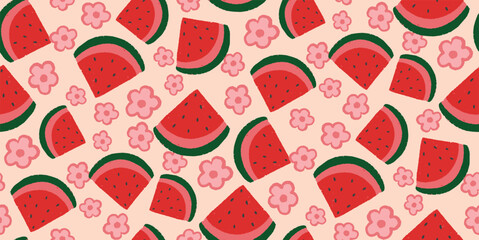 Watermelon and flower horizontal seamless pattern