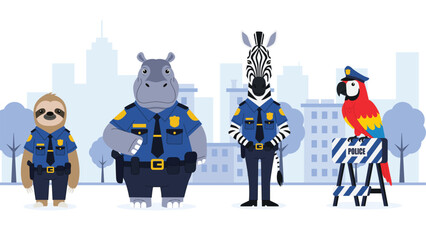 flat vector of character animal as a police officer, sloth, hippopotamus, zebra, parrot