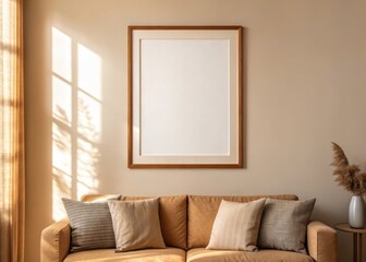Frame mockup, Empty frame on a cozy sofa against a warm, sunlit wall.
