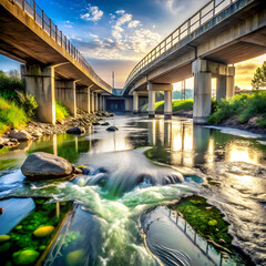 polluted river turning clean as it passes under b