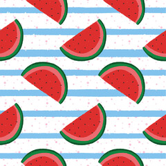 Watermelon on white and blue striped background seamless pattern