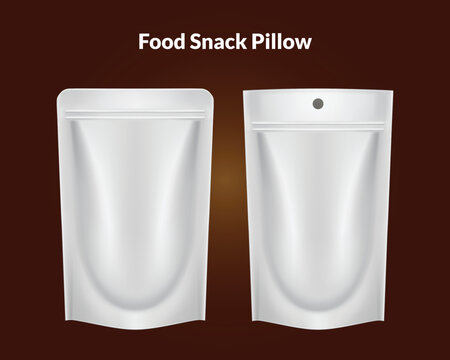  Food snack pillow bag. Vector illustration on dark t background. Packaging mockup ready for your design. Can be use for schips, snack, coffee, tea, salt, flour and etc. EPS10.