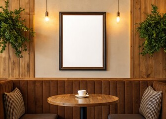 Frame mockup, Cozy cafe corner with blank frame and table setting.