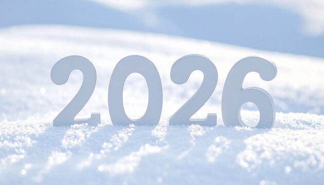 White number 2026 on white snow. Happy New Year, Christmas postcard. Winter, holiday season.