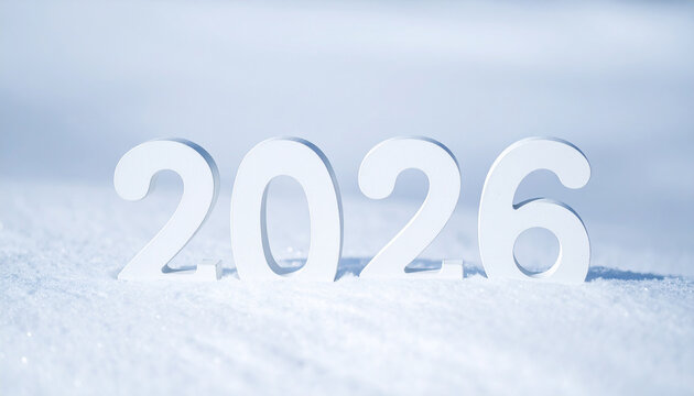 White number 2026 on white snow. Happy New Year, Christmas postcard. Winter, holiday season.