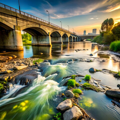 polluted river turning clean as it passes under b