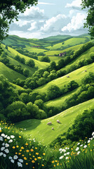 Fototapeta premium Soft hills covered in lush grass with sparse tree coverage wallpaper