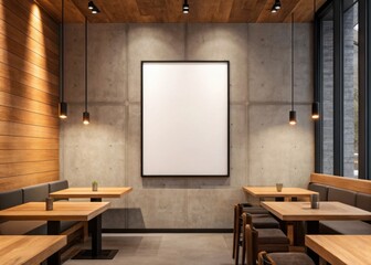 Frame mockup, Modern café interior featuring wooden accents and blank wall space.