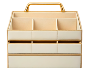Elegant cream leather desk organizer with a drawer and gold handle on a transparent background