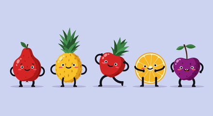 Fototapeta premium Cute Cartoon Fruits with Smiling Faces.