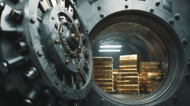 An open, massive bank vault revealing stacks of gleaming gold coins inside.
