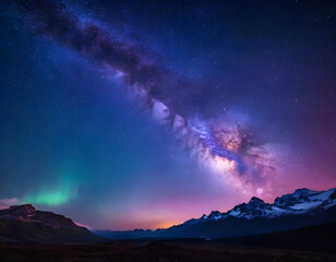 Fototapeta premium Beautiful fantasy starry night sky, blue and purple colorful, galaxy and aurora 4k wallpaper, magic night