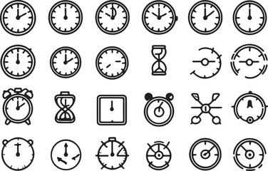 Clock icons vector set with round symbols for time watch and timer illustrations