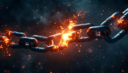 dramatic chains breaking apart in slow motion, fire erupting from the cracks, divine light shining through the broken links, hyper-realistic, cinematic lighting, dark stormy background