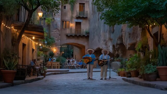 A vibrant mariachi street parade led by a couple in a picturesque town.