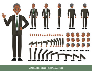 Businessman wear grey suit character constructor. Flat design vector kit with poses and emotions for animation and explainer videos.