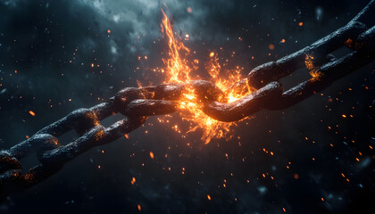 dramatic chains breaking apart in slow motion, fire erupting from the cracks, divine light shining through the broken links, hyper-realistic, cinematic lighting, dark stormy background