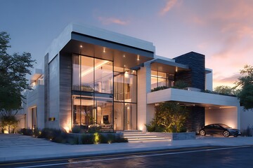 **Modern Luxury Villa With Floor-To-Ceiling Glass Walls, Flat Rooflines, Subtle Outdoor Lighting, Clean Street Perspective, Highly Detailed Façade Textures, Realistic Sunset Ambiance --Ar 3:2 --V 7.0*