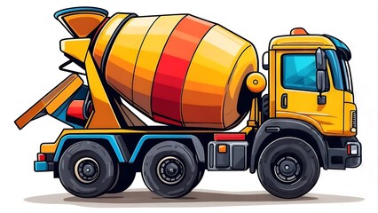 Cartoon Cement Truck with Yellow Cab and Striped Mixer Drum