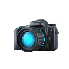 Fototapeta premium Professional dslr camera with a bright blue light reflecting in the lens isolated on transparent background
