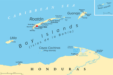 Bay Islands, Honduras, political map. Bay Islands Department, a group of islands off the Caribbean coast of Honduras, with capital Coxen Hole. Roatan, Guanaja, Utila, Swan Islands, and Cayos Cochinos.