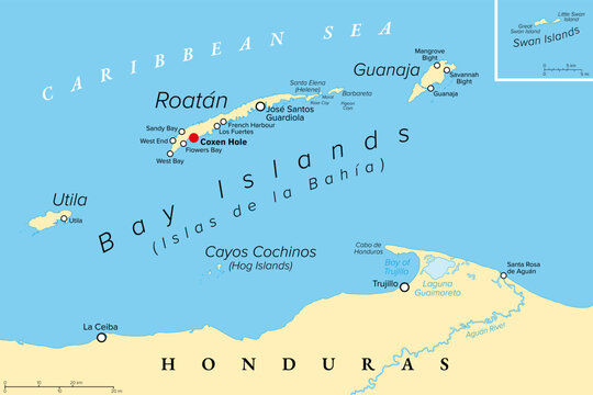 Bay Islands, Honduras, political map. Bay Islands Department, a group of islands off the Caribbean coast of Honduras, with capital Coxen Hole. Roatan, Guanaja, Utila, Swan Islands, and Cayos Cochinos.